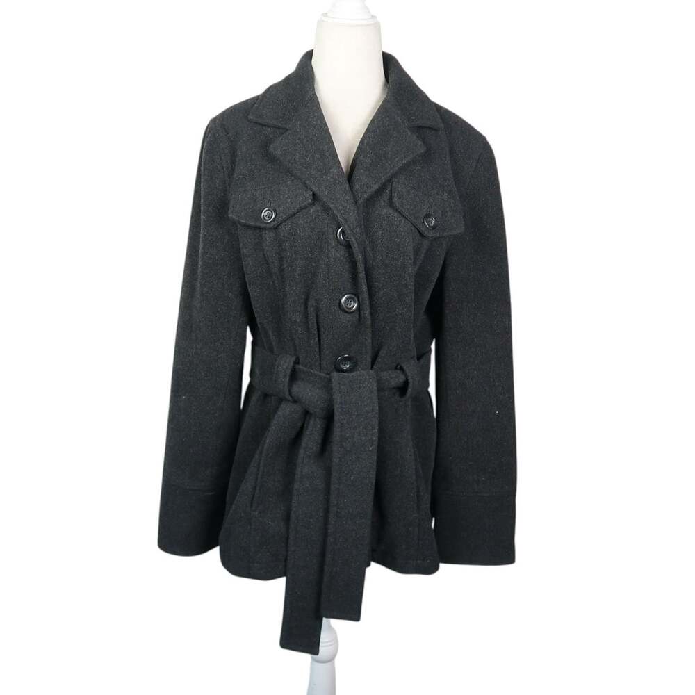 Vintage 90s/Y2K Donnybrook Charcoal Grey Wool Blend Belted Coat L